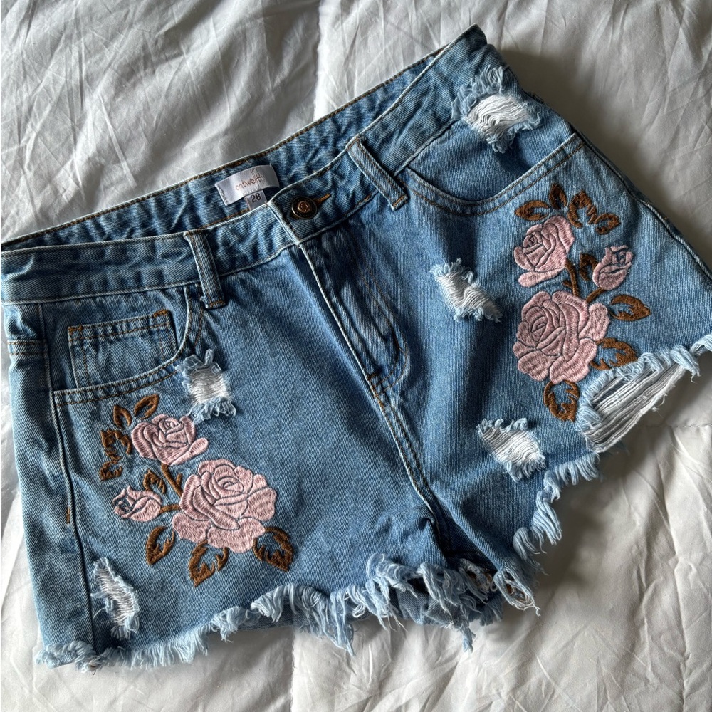 Embroidered Denim Shorts with Pink Floral Design